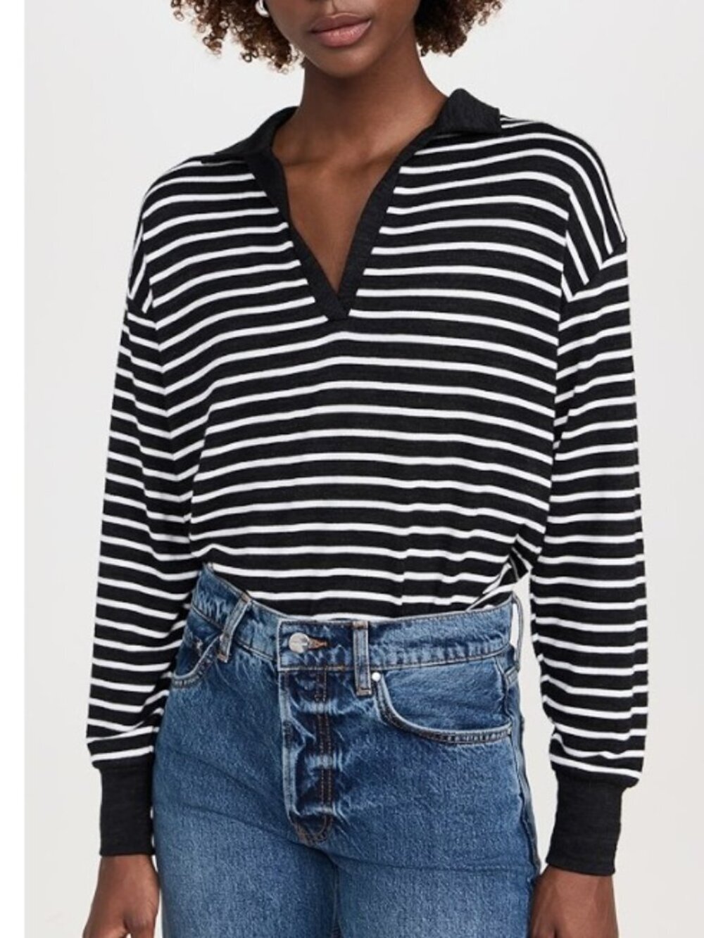 Rag & Bone The Knit Stripe Polo V-Neck XS Black White Long Sleeve Relaxed